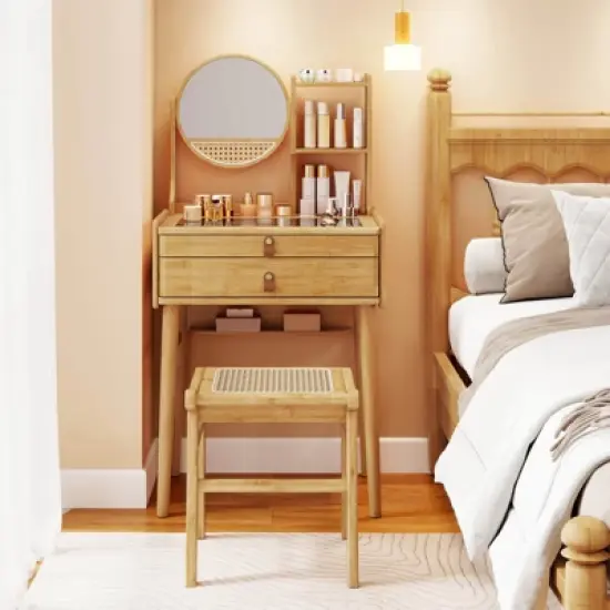 Costway 23.5" Compact Makeup Table with 2 Drawers Open Storage Shelves and Glass Top image {3}