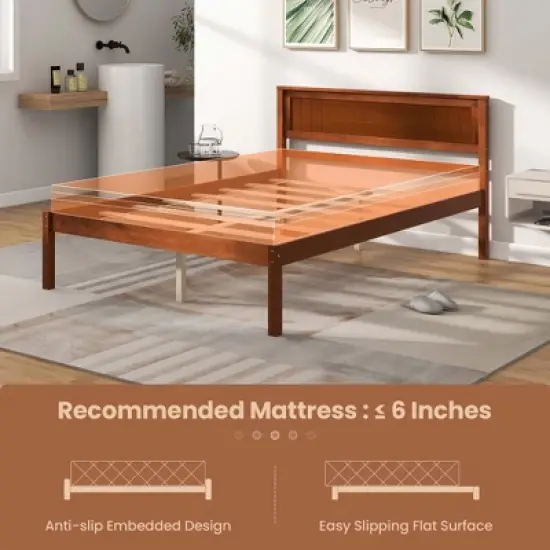 Costway Full/Queen/Twin Size Wooden Platform Bed Frame with Headboard Mattress Foundation Walnut image {6}