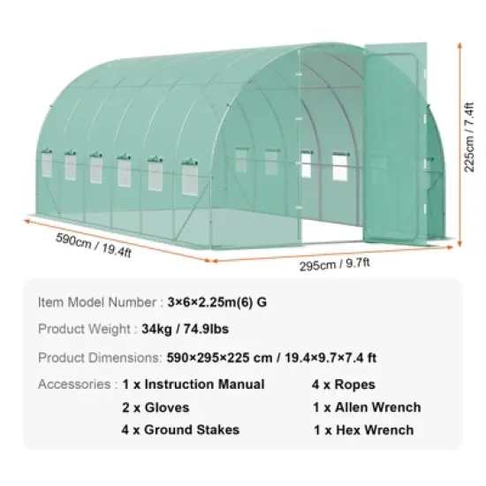VEVOR Walk-in Tunnel Greenhouse, 19.4x9.7x7.4 ft Hoop House Greenhouse Tunnel with Galvanized Steel Frame, PE Cover, Swing Door, 12 Roll-up Windows image {7}