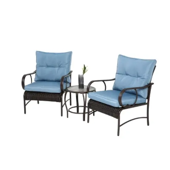 FIONECA 3-Piece Blue Outdoor Wicker Patio Furniture Set with Coffee Table, Modern Rattan Chair Conversation Set for Garden, Balcony, Porch image {5}