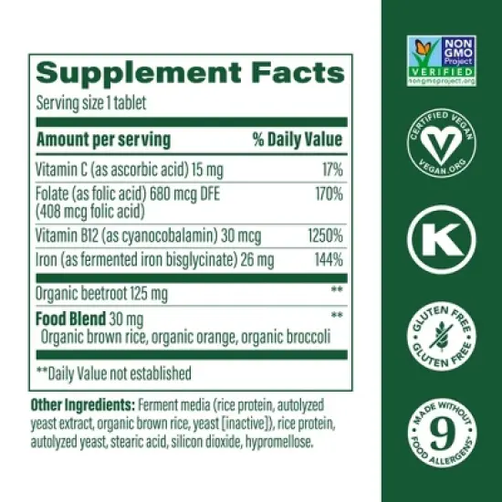 MegaFood Blood Builder - Iron Supplement To Increase Iron Levels w/o Side Effects - for Women w/ Vitamin C, Vitamin B12 & Folic Acid, Vegan, 90 Tabs image {3}