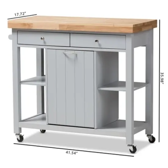 Hayward Coastal and Farmhouse Natural Wood Kitchen Cart White, Light Brown - Baxton Studio image {4}