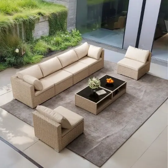 8-Piece Modular Wicker Patio Sofa Set with 2 Coffee Tables and Cushions, Outdoor Conversation Furniture for Backyard or Garden - The Pop Home image {7}