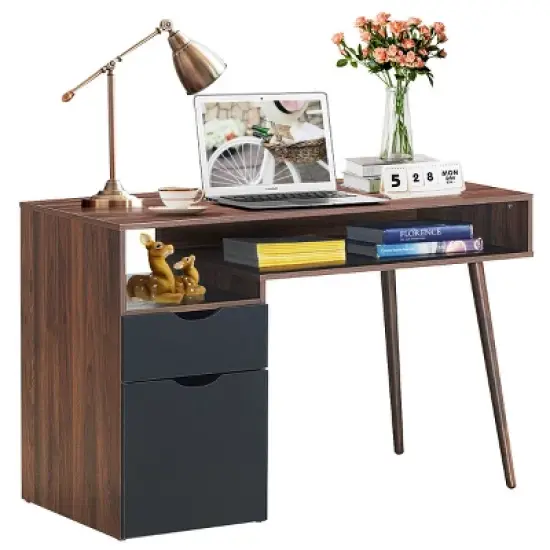 Costway Computer Desk PC Writing Table Study Workstation Drawer & Cabinet With Wood Legs image {7}