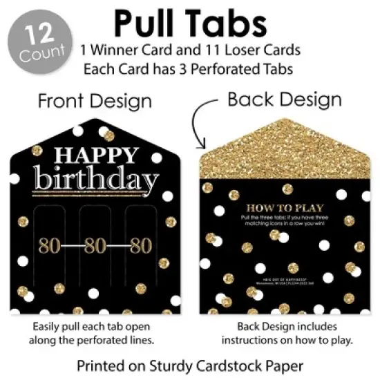 Big Dot of Happiness Adult 80th Birthday - Gold - Birthday Party Game Pickle Cards - Pull Tabs 3-in-a-Row - Set of 12 image {3}