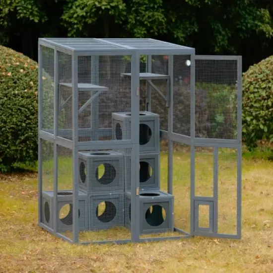 Catio Outdoor Cat Enclosure, 68.9"H Wooden Cat Playen Catio with 2 Jumping Platforms & 7 Napping Houses, Feral Animal Shelter for Multiple Cat image {1}