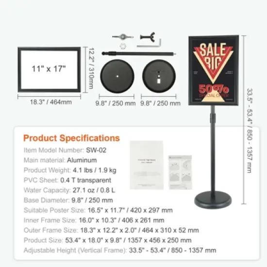 VEVOR Pedestal Sign Holder, 11 x 17 Inch Vertical and Horizontal Adjustable Poster Stand, Heavy-Duty Floor Standing Sign Holder, Black image {7}