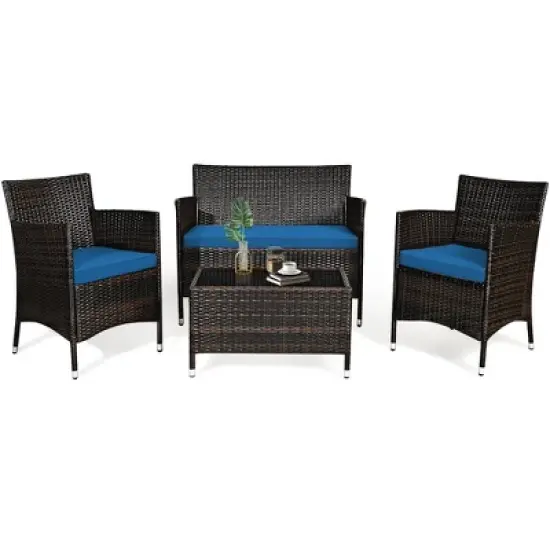 Tangkula 4PCS Patio Rattan Conversation Furniture Set Outdoor w/ Peacock Blue Cushion image {10}