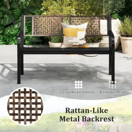 Costway 50" Outdoor Metal Park Bench with Rattan-Like Backrest & Curved Armrests image {7}