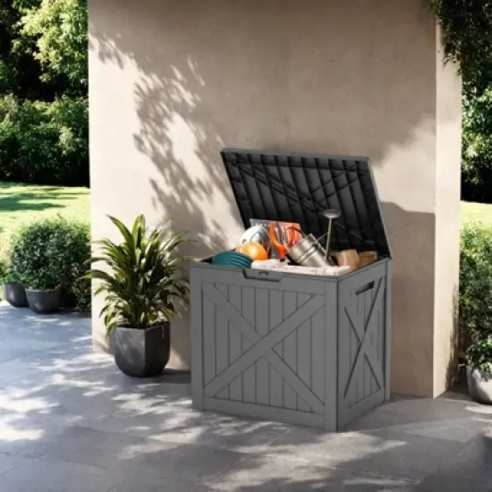 DSVIMOY Deck Boxes, 32 Gal Outdoor Storage Deck Box, Small Patio Storage Bin for Garden Tools, Black, 22.09"*17.09"*20.87" image {1}