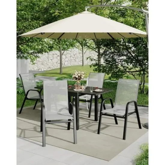 4 Set of Patio Stackable Chairs, Outdoor Stacking Dining Chairs, Leisure Recliner for Pools, Deck, Backyard, Grey Textile Metal Frame with armrests image {6}