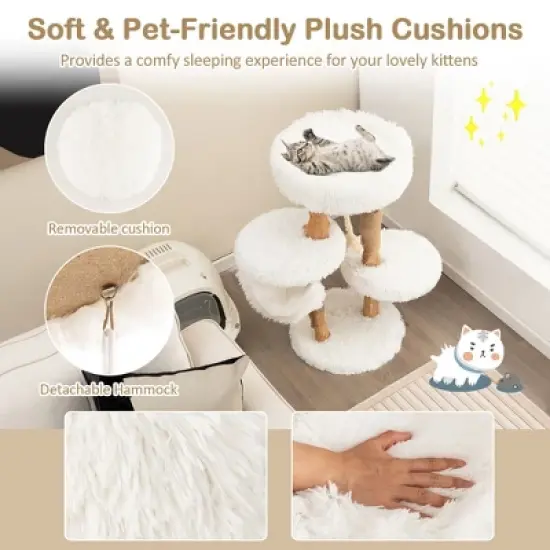 Tangkula 34" Tall Wooden Cat Tree Solid Wood Cat Tower with Jute Scratching Posts image {4}