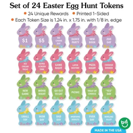 Big Dot of Happiness Colorful Easter Egg Hunt Token Stuffers, 24 Count Bunny Shape Filler Tokens with Fun Rewards for Kids, Reusable Easter Activity, image {3}