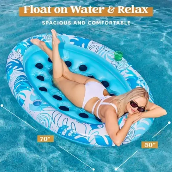 Joyfy Pool Floats Lounger, Inflatable Pool Floaties for Adults Floaty Chair with Cup Holders & Backrest for Tanning Water Party, Tropical Leaves image {1}