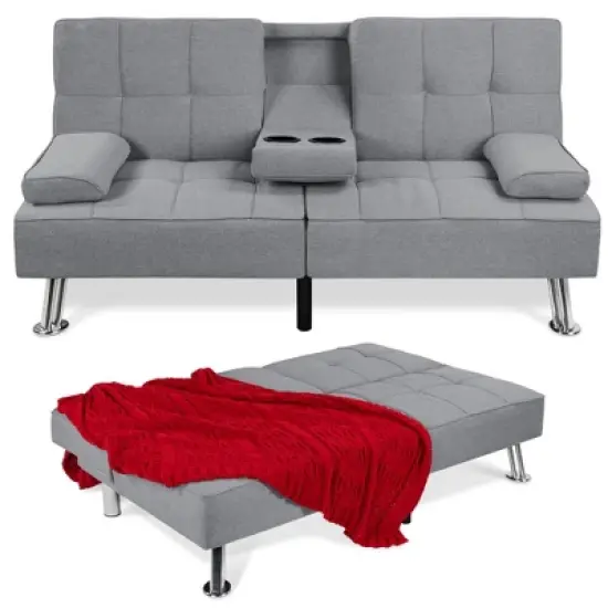 Best Choice Products Modern Linen Convertible Futon Sofa Bed w/ Removable Armrests, Metal Legs, Cupholders image {8}