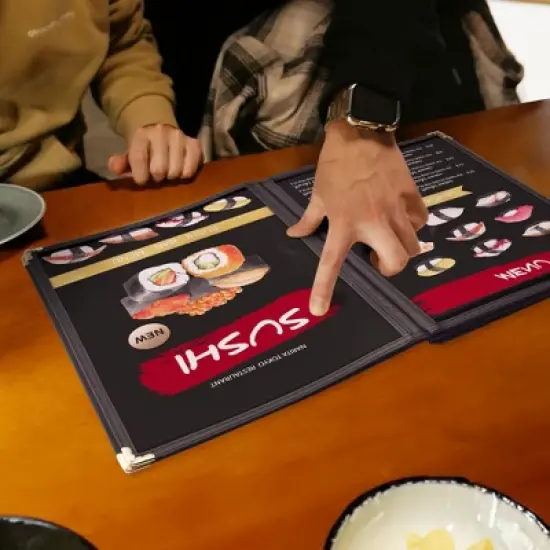 WeChef 20 Menu Cover 10 View Double Stitch Black Trim 8 1/2"x11" Cafe Fold 5 Page Book image {8}