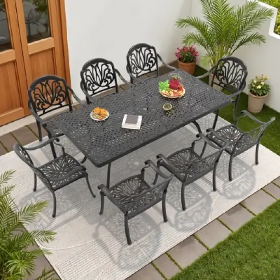 9-Piece Cast Aluminum Outdoor Dining Set: Rectangle Table, Stackable Chairs & Brown Cushions - All-Weather Patio Furniture for Your Backyard image {1}