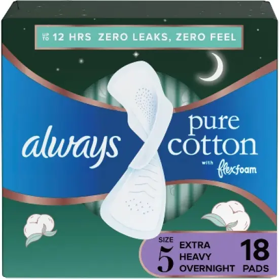 Always Extra Heavy Overnight Pure Cotton Pads with Wings - Size 5 - 18ct image {11}