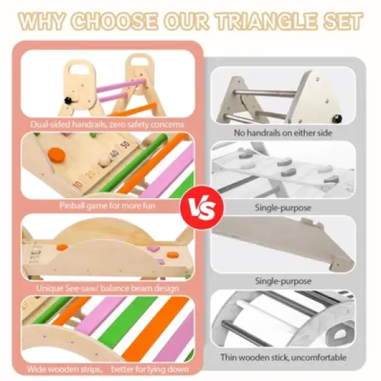 Foldable Toddler Wooden Climbing Toys, 9 In 1 Triangle Set with Arch, Triangle, Pinball Game and Seesaw for Toddlers and Kids image {5}
