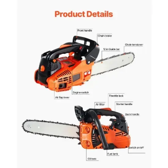 VEVOR Gas Chainsaw, 25.4CC 12" 1.2HP, Gasoline Powered Chain Saw, Handheld Cordless Petrol Chainsaws for Tree Wood Branch Cutting, Orange image {3}