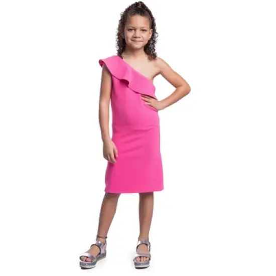 24seven Comfort Apparel Girls Solid Color One Shoulder Ruffle Knee Length Dress image {4}