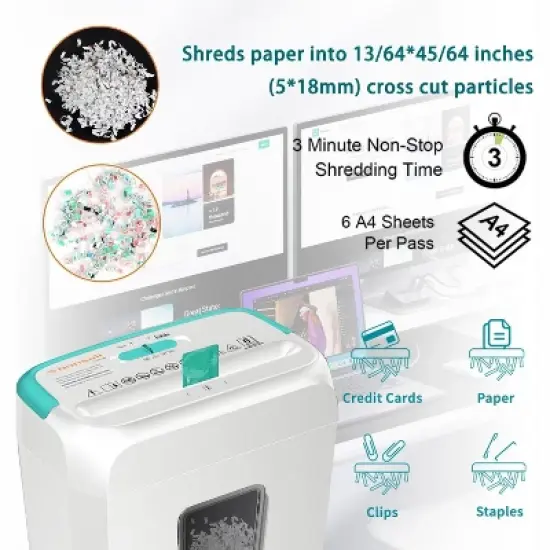 Bonsaii 6-Sheet Crosscut Paper Shredder for Home Use, Shreds Paper, Credit Cards, Staples, Clips, 3.4 Gal Wastebasket, White/Blue, with Handle image {5}