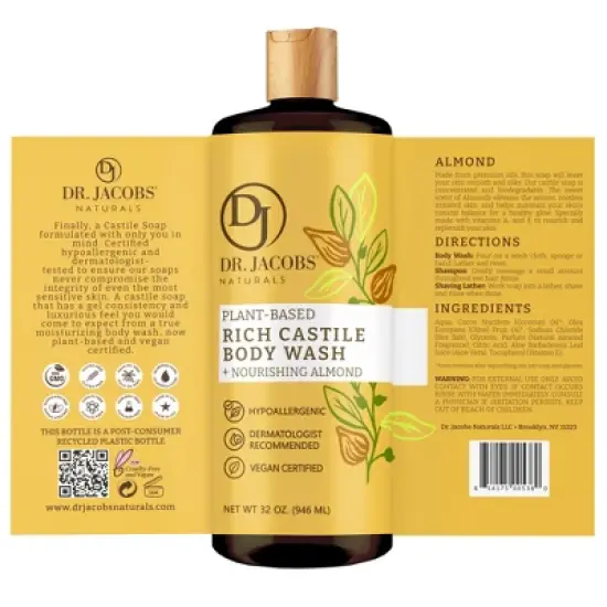 Dr Jacobs Naturals Rich Castile Almond Body Wash Hypoallergenic Vegan Sulfate-Free Paraben-Free Dermatologist Recommended 32oz - Almond image {3}