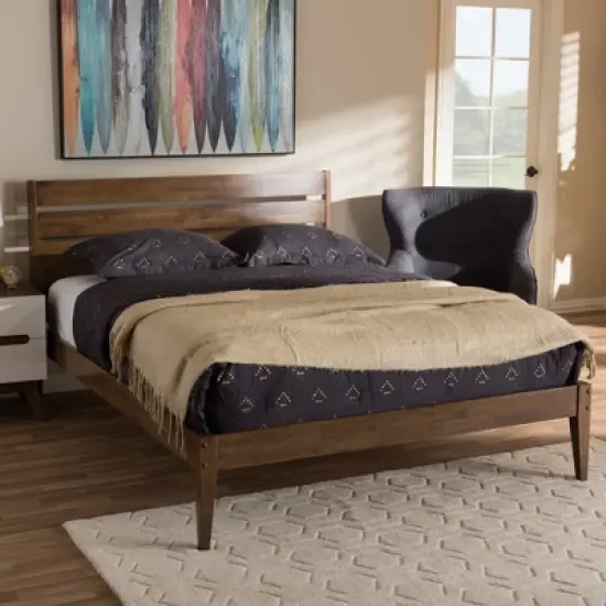 Elmdon Mid Century Modern Solid Wood Slatted Headboard Style Platform Bed Brown - Baxton Studio image {3}