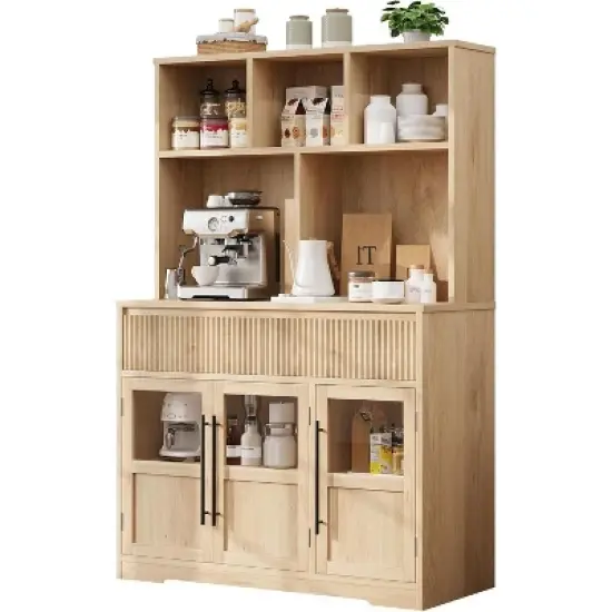 60'' Kitchen Pantry Cabinet, Tall Pantry Storage Cabinet with Microwave Stand, Farmhouse Kitchen Hutch with Storage Drawers image {1}