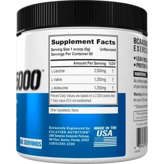 Evlution Nutrition BCAA5000 - Recovery & Endurance - Unflavored - 60 Servings image {1}