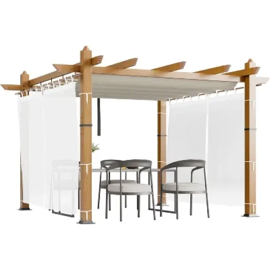 10x10ft Wood Grain Aluminum Pergola, Beige UV Block Canopy, Mesh Net, Rustproof Frame, Fast Assembly, Off-White Curtains image {2}