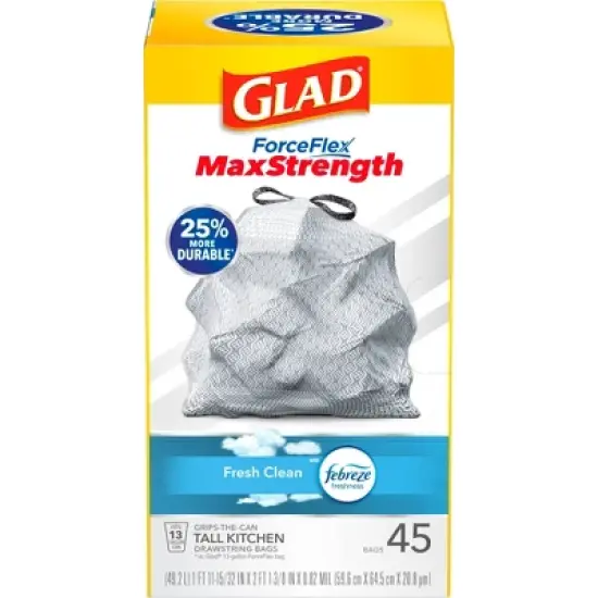 Glad ForceFlex MaxStrength Tall Kitchen Drawstring Trash Bags - White Febreze Fresh Clean - 13 Gallon/45ct image {1}
