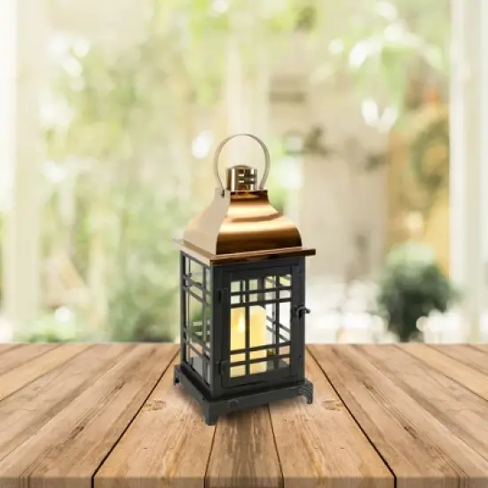 LumaBase Metal Lantern with LED Motion Flame Candle - Black with Copper Roof image {4}