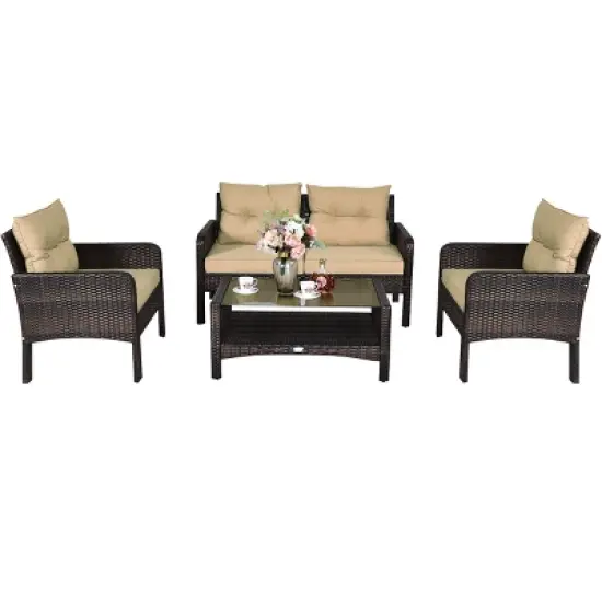 Costway 4PCS Patio Rattan Furniture Set Loveseat Sofa Coffee Table Garden W/ Cushion image {9}