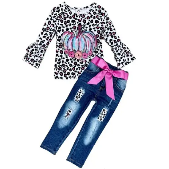 Girls Pastel Pumpkin Leopard Patched Jeans Set Mia Belle Girls, Leopard, 4T image {2}