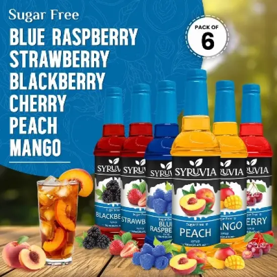 Syruvia Sugar Free Coffee Flavors Variety Pack: Peach, Blue Raspberry, Strawberry, Blackberry, Mango, Cherry 25.4 fl oz Syrup image {2}