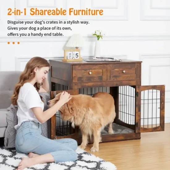 Dog crate furniture with cushions, indoor wooden dog kennel with 2 drawers, dog crate side table with storage for living room, foyer image {3}
