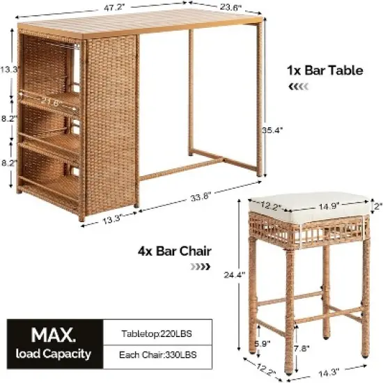 VINGLI 5 Piece Patio Wicker Bar Set, Outdoor Bar Height Table & 4 Rattan Bar Stool Chairs Outdoor Dining Bistro Set for Backyard, Balcony, and Pool image {6}
