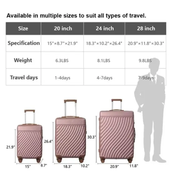 MAYEERTY 3-Piece ABS Luggage Set Suitcases with Multi-Position Handle, Silent Spinner Wheels, and TSA Lock - 20''24''28'', Rose Gold image {1}