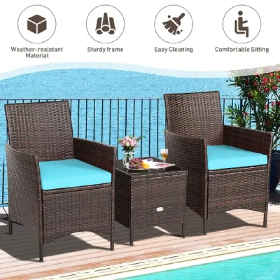Costway 3PCS Patio Rattan Furniture Set Cushioned Sofa Glass Tabletop Deck Red\Blue\ White image {6}