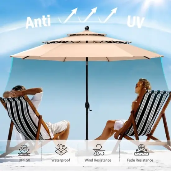 Captiva Designs 6pc Patio Slat-top Square Table & Textilene Reclining Foldable Chairs & Market Umbrella image {11}