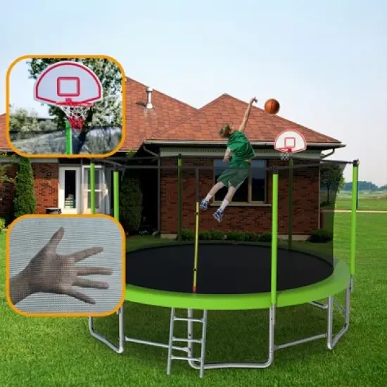 QingMoon 15FT Round Outdoor Backyard Trampoline With UV Safe Trampoline Enclosure Net,Basketball Hoop,Net,Basketball,Pump,Fun For Children image {3}
