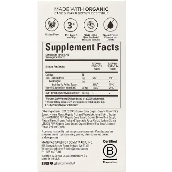 Comvita Kids, Manuka Honey Soothing Lollipops, Ages 3 and Up, Lemon, Orange, Grape, 12 Pops, 2.84 oz (80.4 g) image {1}