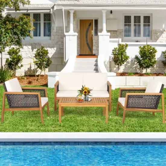 Tangkula 8-Piece Patio Acacia Wood Furniture Set Outdoor PE Rattan Conversation Set with Removable Cushions image {2}