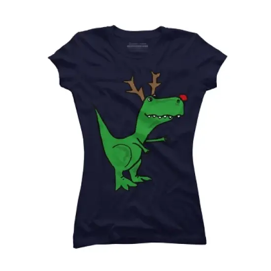 Junior's Design By Humans Cool Funny Christmas T-Rex Dinosaur with Antlers By SmileToday T-Shirt image {5}