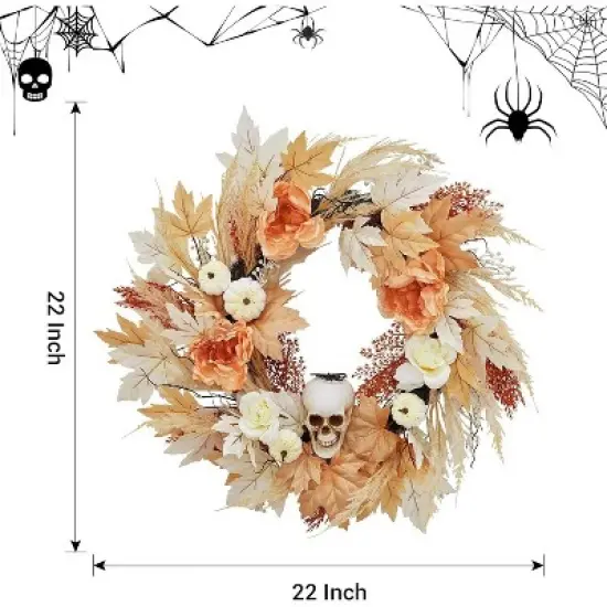22 Inch Wreath with White Pumpkins Rose Maple Leaves for Indoor Outdoor Wall Window Front Door Porch Mantle Halloween Decoration image {4}