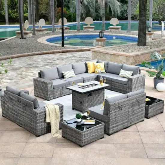 Marlton 13pc Wicker Outdoor Patio Furniture Set Conversation Sofa Set with a Rectangle Fire Pit and Cushions image {16}