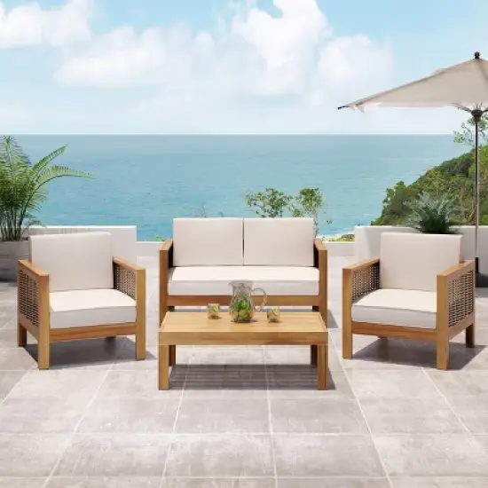 Christopher Knight Home Allegra Outdoor Acacia Wood and Wicker 4 Seater Chat Set with Cushions image {1}
