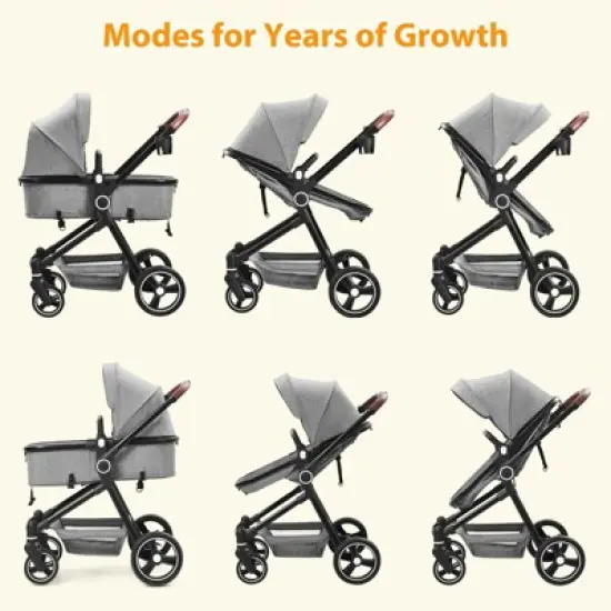 Foldable 2-In-1 Baby Stroller & Bassinet, Reversible Seat, Adjustable Backrest & Canopy, Storage Basket, Suspension Wheels, Light Grey image {3}