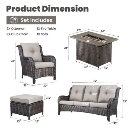 POCASSY 6-Piece Outdoor Furniture Set with 50000BTU Propane Fire Pit, All Weather Wicker Patio Fire Pit Table Set with 3-Seater Sofa and Club Chair image {11}